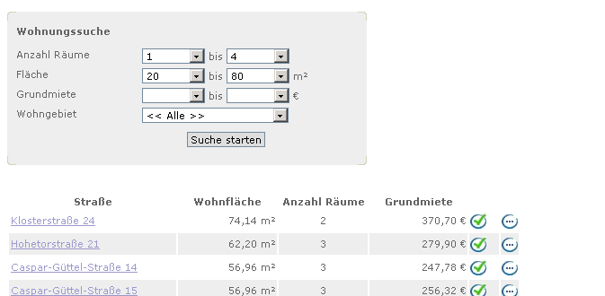 Suche nach Wohnungen in einem Webprojekt. Hier werden mehrere Suchbegriffe kombiniert und nach Mindest- wie auch Maximalwerten gesucht. 